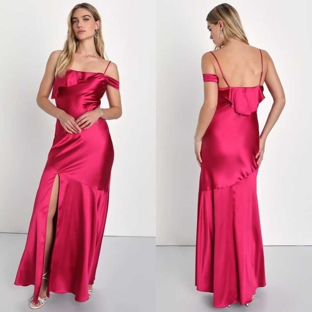 Lulus Enchanting Aesthetic Magenta Satin Asymmetrical Maxi Dress S Wedding Prom